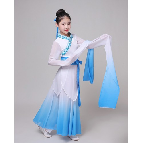 ancient traditional chinese kids girls pink blue hanfu water sleeves fairy dress Chinese folk dance costumes